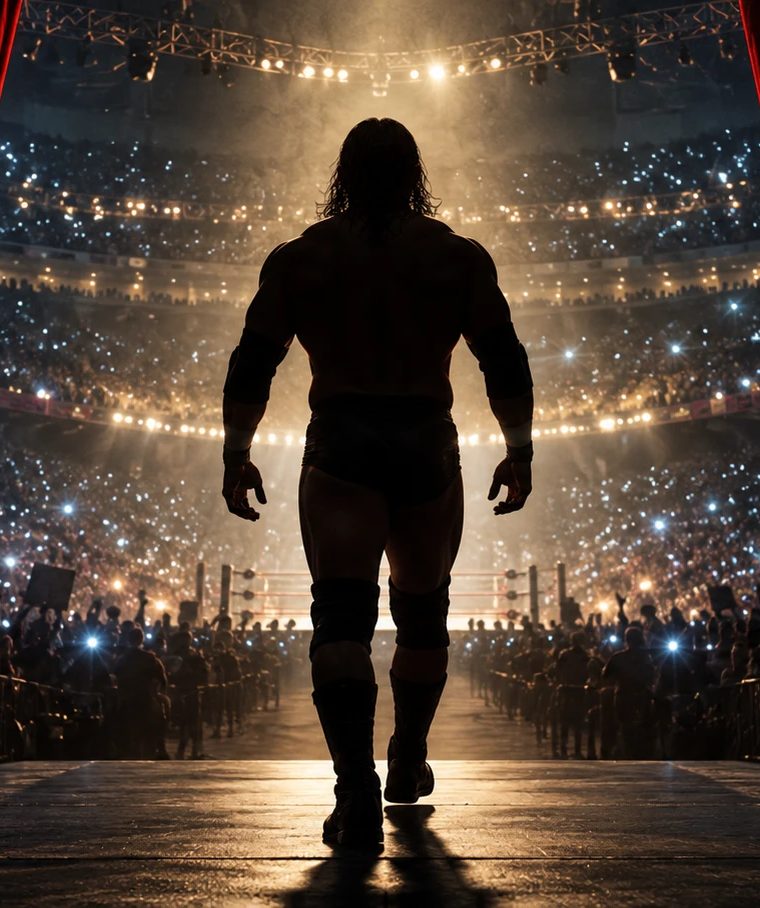A wrestler walks out through the curtain into a packed arena